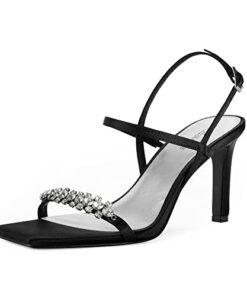 Modatope High Heel Sandals for Women Rhinestone Strappy Sandals for Women Heeled Sandals Women Ankle Strap Open Toe Sandals Black Satin Heels for Women Size 9