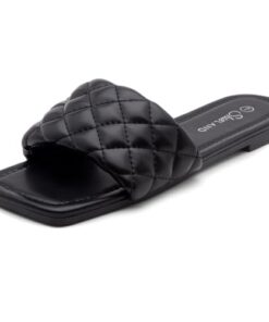 Shoe Land Womens Anisha Slip on Slides Quilted Single Band Square Open Toe Flat Sandals, Black, Size 11.0