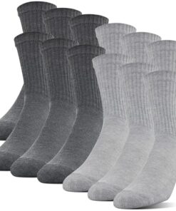 Gildan Men’s Polyester Half Cushion Mid-Crew Socks, 12-Pack, Grey, Shoe Size: 6-12