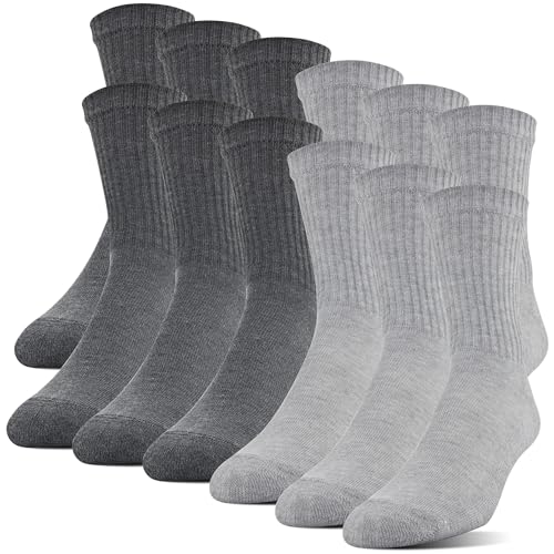 Gildan Men’s Polyester Half Cushion Mid-Crew Socks, 12-Pack, Grey, Shoe Size: 6-12