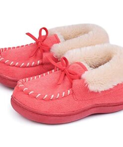 MERRIMAC Girls Dinghy Fuzzy Faux Suede Memory Foam Moccasin Slippers Plush Lined House Shoes for Kids with Indoor and Outdoor Sole (Size 13-14 Little Kid, Baby Pink)