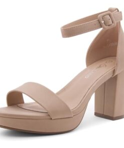 Shoe Land SL-Cabrini Women’s Block Chunky Platform High Heel Sandals Open Toe Ankle Strap Wedding Party Pump Shoes (Size runs bigger, order half size down) 2301NudeNubuck, Size 10.0