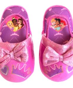 Disney Princess Slippers Cinderella Jasmine Ariel Rapunzel Tianna Belle – Plush Lightweight Warm Comfort Soft Aline Girls toddler House Slipper – Pink Bow (size 11-12 Little Kid)