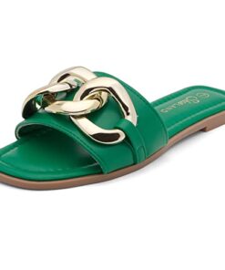 Shoe Land Womens EMMA Flat Sandals Square Open Toe Single Band Slides, Green, Size 11.0