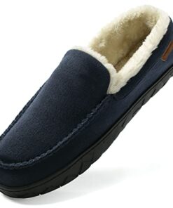 NewDenBer Men’s Warm Memory Foam Moccasin Slippers Soft Plush Fluffy Lined Slip on Indoor Outdoor House Shoes (17 D(M) US, Navy Blue)