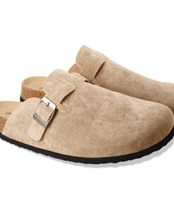 Clogs for Women Suede Soft Leather Clogs Classic Cork Clog Antislip Slippers Waterproof Mules House Sandals Buckle Apricot