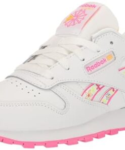 Reebok Girls Classic Leather Sneaker, White/Laser Pink/Yellow, 3 Little Kid