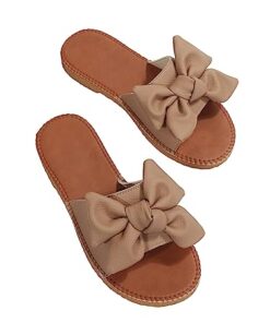 Verdusa Women’s Open Toe Flat Sandals Bow Knot Slides Leather Summer Slippers Brown CN39