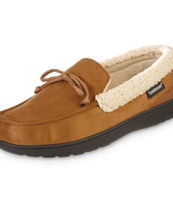 isotoner Men’s Recycled Advanced Memory Foam Microsuede Vincent ECO Comfort Moccasin Slippers, Cognac, 9.5-10.5