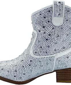 Forever Girls Rhinestone Cowboy Boots Kids Low Heel Dress Booties River-01K White 10