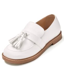 Coutgo Girls Loafers School Uniform Dress Shoes Tassel Slip On Walking Flats, White, Size 9