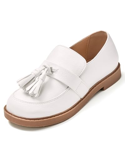 Coutgo Girls Loafers School Uniform Dress Shoes Tassel Slip On Walking Flats, White, Size 9