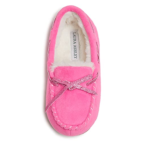 Laura Ashley Girls Moccasin with Faux Fur Lining, Indoor Outdoor Easy to Wear Home Shoes for Kids
