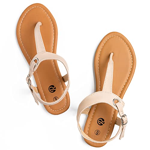 Rekayla Flat Thong Sandals with T-Strap and Adjustable Ankle Buckle for Women Nude 085