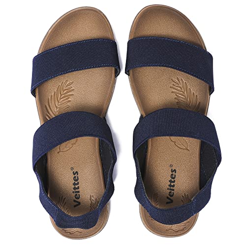Veittes Women’s Flat Sandals – Casual Soft One Band Elastic Ankle Strap Flat Sandals.(2107021-2,BL/EB,9)