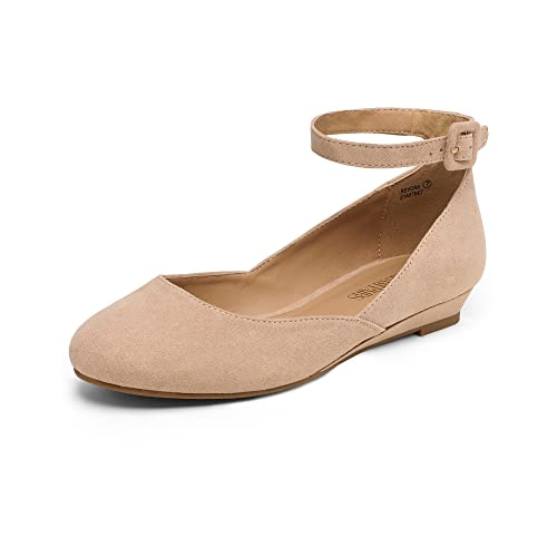 DREAM PAIRS Womens Low Wedge Ankle Strap Casual Flats Shoes, Nude Suede – 8 (Revona)