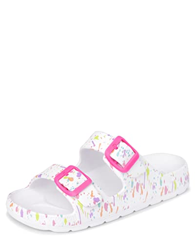 The Children’s Place Girls Double Buckle Slip On Slide Sandals, White Paint Splatter, 12 US Unisex Little Kid