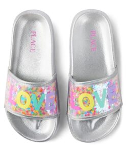 The Children’s Place Girls Everyday Slip On Slide Sandals, Love, 1 Big Kid