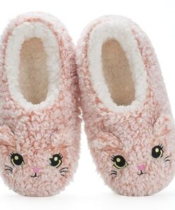 Cozylook Cute Animal Indoor Slippers for Women Kids Girls, Fuzzy Bedroom Cartoon Slip On Shoes, Kawaii Funny Face Warm Cozy Fluffy House Socks, Fun Christmas Gifts Unique, Pink Cat Adult Size 7-8