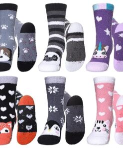 LINEMIN Kids Fuzzy Socks Boys Girls with Grips Non Slip Slipper Socks Cozy Fluffy Winter Warm Crew Socks 6 Pairs (Cute Animal, 4-7 Years)