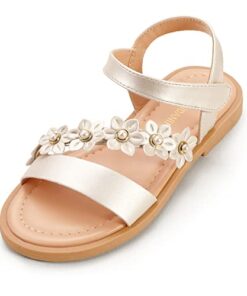 PANDANINJIA Diana Champagne Girls Sandals Cute Flower Open Toe Summer Flats Dress Sandals Shoes Toddler/Little Kid/Big Kid (Champagne Pu, 13 M US Little Kid)