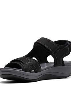 Clarks Women’s Mira Bay Flat Sandal, Black Textile, 8