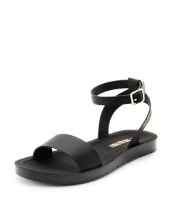 DREAM PAIRS Women’s One Band Ankle Strap Buckle Flat Sandals,Size 8,ALL BLACK-PU,ELENA-5