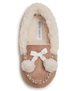 Laura Ashley Girls Sherpa Moccasin with Pom-Poms, Indoor Outdoor Easy to Wear Home Shoes for Kids