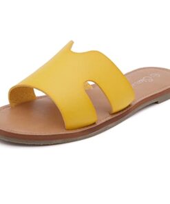 Shoe Land Womens SL-Ember Flat Sandal Slip on Slides Open Toe One Band Comfort Sandals, Mustard, Size 9.0