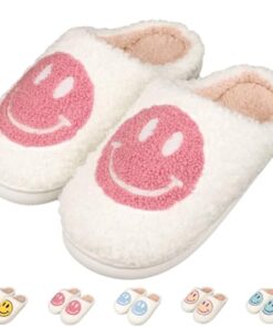 ZICKYO Kids Slippers Girls Cute Happy Face House Slippers Warm Soft Plush Non-Slip Indoor Outdoor Slip-on Shoes White Pink 4-5 Big Kid