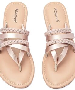 Ataiwee Women’s Flat Slide Sandals – Casual Braided Criss Cross Thong Summer Shoes.(1908023-4,GD/MF,7.5)