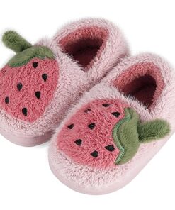 ESTAMICO Girls Slippers Kids Plush Warm House Slipper Winter Cute Indoor Memory Rubber Non Slip Shoes, Pink/Strawberry 13.5-14 Little Kid