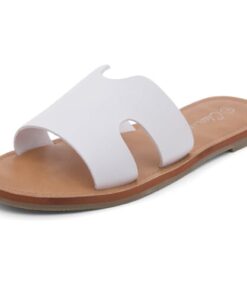 Shoe Land Womens SL-Ember Flat Sandal Slip on Slides Open Toe One Band Comfort Sandals, White, Size 6.5