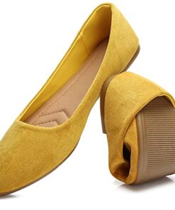 HEAWISH Women’s Black Flats Shoes Comfortable Suede Pointed Toe Slip On Casual Ballet Flats Dress Shoes Nude Flats(Yellow, US6)