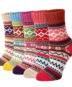 Loritta Women’s 5 Pairs Vintage Style Winter Knitting Warm Wool Crew Socks,Multicolor 01,One Size