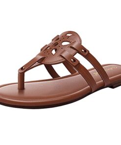 Athlefit Womens Flat Sandals Leather Casual Slip on Comfortable Flip Flops Thong Beach Brown Sandal Dressy Size 8