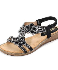 Yicornchen Women’s T-Strap Beaded Flower Rhinestone Flat Sandals Dress Beach Shoes(10 B(M) US,Black)