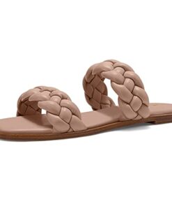 Athlefit Women’s Braided Flat Sandals Square Open Toe Slip On Slides Woven Nude Sandals Size 11