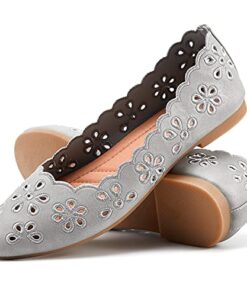 Women’s Ballet Flats Black PU Leather Dress Shoes Comfortable Round Toe Slip on Flats with Floral Eyelets(Gray.US10)