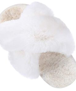 Girl’s Soft Plush Lightweight House Slippers Non Slip Cross Band Slip on Open Toe Cozy Indoor Outdoor Slippers WT33 Cream