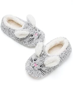 Cozylook Cute Animal Slippers for Women and Girls, Fuzzy Cartoon House Socks, Fun Christmas Gifts, Grey Bunny Adult Size 7-8