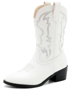LAURMOSA Girls Cowboy Boots Cowgirl Boots for Girls Mid Calf Western Boots Pointy Toe High Heels Sparkly Girls White Boots for Girls Riding Boots for Easter Little Big Kids(L1017RhWhite 3)