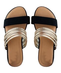 Verdusa Women’s Metallic Strappy Flat Sandals Summer Slide Sandals Casual Shoes Gold Black 9.5