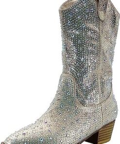 Forever Girls/Kids Rhinestone Western Cowgirl Cowboy Pointed Toe Low Heel Boots River-11K Champagne 12