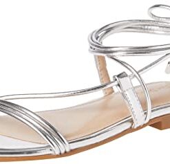The Drop Women’s Samantha Flat Strappy Lace-Up Sandal, Silver, 8
