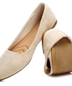 HEAWISH Women’s Black Flats Shoes Comfortable Suede Pointed Toe Slip On Casual Ballet Flats Dress Shoes Nude Flats(Beige, US7)