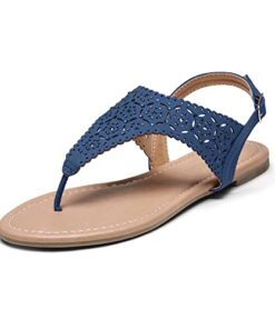 DREAM PAIRS Medinie Womens Rhinestone Casual Wear Cut Out Flat Sandal Navy – 7