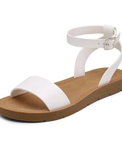 DREAM PAIRS Women?s White Pu One Band Ankle Strap Buckle Flat Sandals 7.5 M US Elena-5