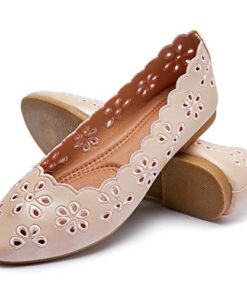 Women’s Ballet Flats Black PU Leather Dress Shoes Comfortable Round Toe Slip on Flats with Floral Eyelets(Pink.US5)