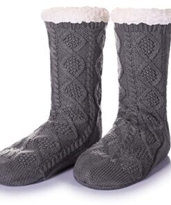 DoSmart Womens Fuzzy Slipper Socks Winter Thermal Snowflake Fleece Lining Christmas Stockings Fluffy Warm Indoor Home Socks(Knit C-Grey)